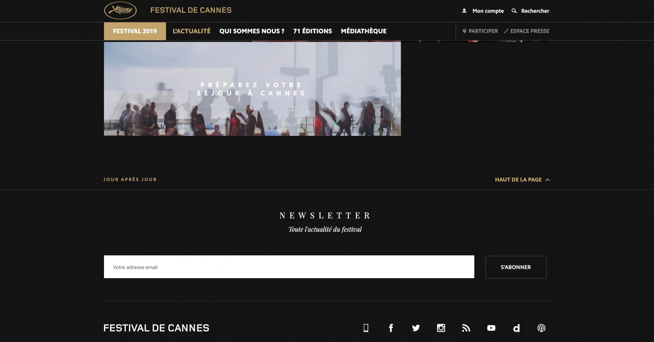 Exemple de la signification des couleurs : utilisation de la couleur or sur le site internet du Festival de Cannes. Il permet de souligné des éléments importants du site et de garder cet aspect prestigieux du Festival.