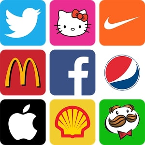 Jeu des logos - positionnement marché : tableau de neufs logos populaires (sans les noms) : Twitter, Hello Kitty, Nike, Mc Donald, Facebook, Pepsi, Apple, Shell et Pringles. Reconnaissable rien qu'avec leur image de marque.