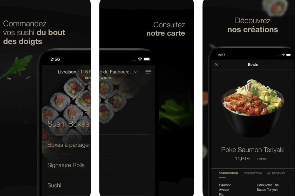 Trois écran mobiles présentant une application pour un sushi shop