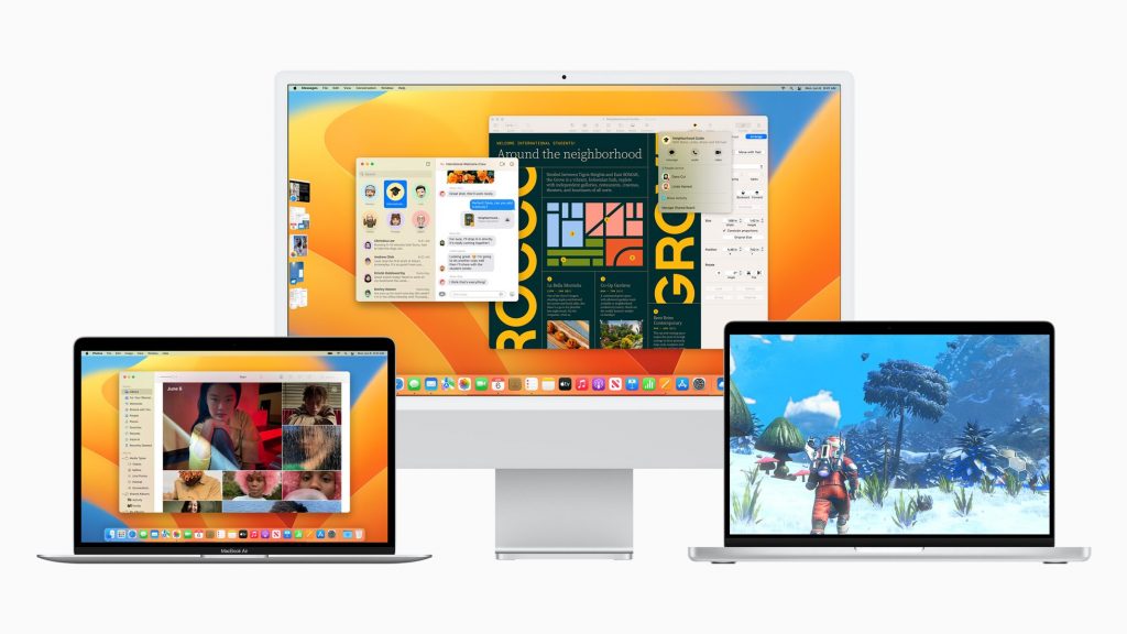 (WWDC 22) Stage Manager d'Apple montrant un iMac utilisant 2 MacBooks d'Apple comme écrans secondaires. 